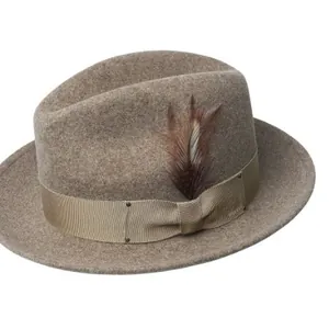 Classic wool felt fedora hat in khaki with ribbon band and decorative feather detail