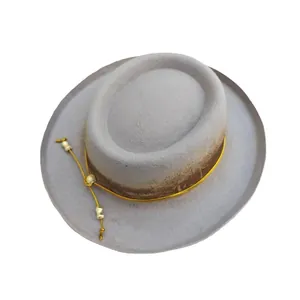 Gray wool felt pork pie hat with brown gradient crown and decorative beaded string