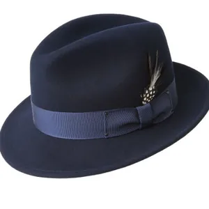 Vintage Wool Fedora Hat for Men Women Solid Color Wide Brim Sun Protection Hat with Feather and Ribbon Decoration Accessory