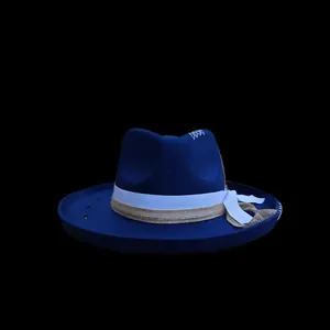 Sombrero fedora de lana azul oscuro de ala ancha con cinta doble y adorno de cuerda