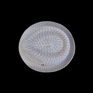 Top view detail of the fine woven texture and breathable pattern of this stylish straw hat