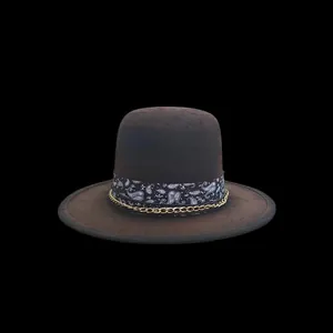 Chapeau fedora en laine marron foncé avec ruban bandana et décor de chaîne dorée
