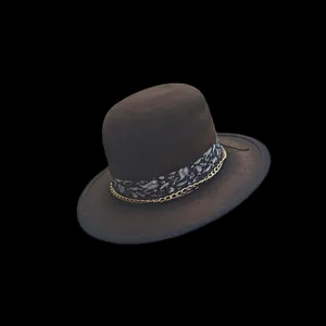 Chapeau en laine marron foncé à bord large avec ruban paisley et chaîne dorée