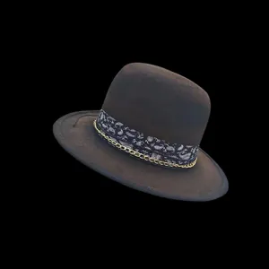 Chapeau fedora en laine marron foncé avec ruban paisley et chaîne dorée décorative