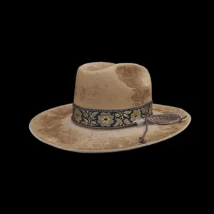 Detail of vintage felt hat with golden floral embroidery band and side feather accents