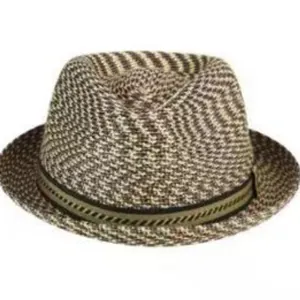 Stylish woven fedora straw hat in brown and beige with a classic decorative band