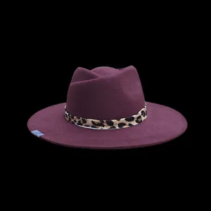 Classic dark purple wool fedora hat with stylish leopard print ribbon band decoration
