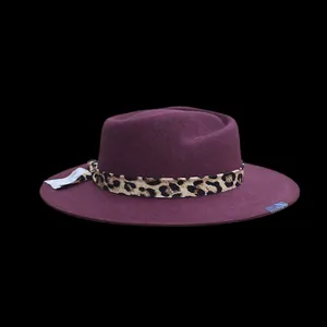 Deep purple wool fedora hat with leopard print ribbon and wide brim for women