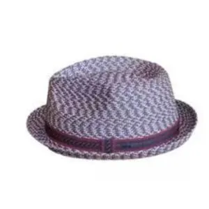 Stylish summer straw fedora in grey-purple woven texture with deep purple ribbon