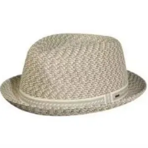 Classic straw fedora hat in beige and tan weave with decorative band for outdoor sun protection