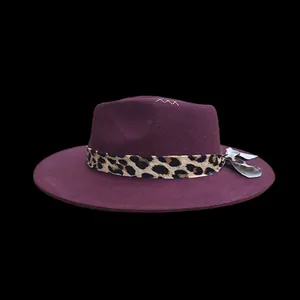 Deep burgundy wool fedora hat with leopard print ribbon and white hand-stitched detail