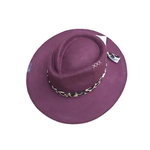 Deep purple wool felt fedora hat with leopard print ribbon and stylish embroidery