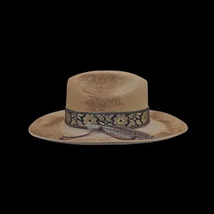 Vintage khaki wool felt fedora hat with jacquard ribbon and natural feather decoration