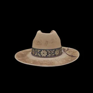 Vintage khaki wool felt fedora hat with floral jacquard band and decorative feather