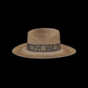 Vintage wool felt hat with distressed brown finish and elegant floral embroidery band