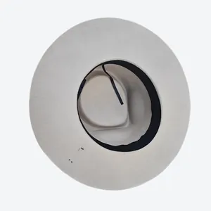 Detail shot of the interior black sweatband and adjustable drawstring of a gray wool felt hat