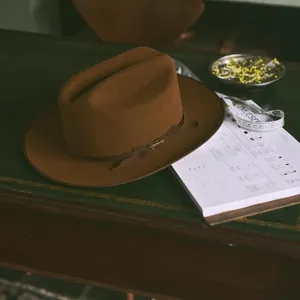 Reiner Wollfilzhut Western Cowboyhut Einfarbig Breitkrempiger Fedora Mit Bandverzierung Für Herren Damen Mode Accessoire