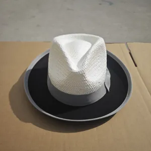 Top view of two-tone wool felt panama hat with white crown and black brim detail