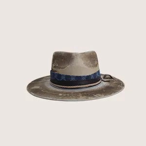 Vintage brown distressed wool felt fedora hat with floral ribbon and leather band