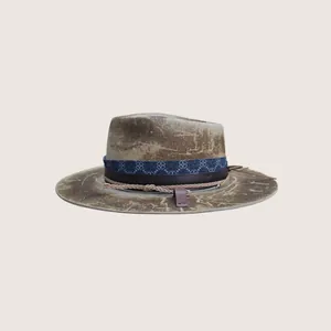 Vintage distressed brown wool felt fedora with layered patterned ribbon and leather band