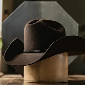 Sombrero de Vaquero Occidental Vintage de Fieltro de Lana Ala Ancha Color Café Sólido Con Decoración de Cuerda Trenzada
