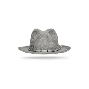 Fashionable grey woven straw fedora hat for outdoor sun protection with decorative rope