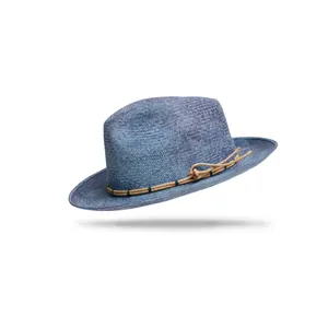 Blue woven straw fedora hat with a classic rope band for outdoor summer sun protection