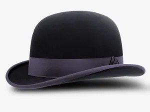 Detailed close-up of a classic black wool bowler hat featuring a satin band and curled brim
