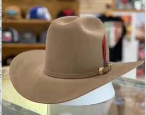 Detail of brown felt cowboy hat with ribbon band, feathers and metallic buckle