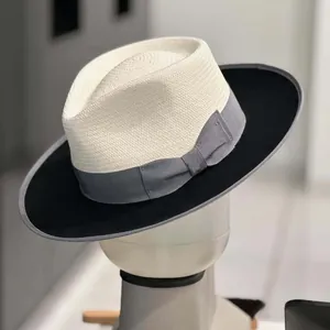 Wide brim two-tone wool felt and straw panama hat with ribbon and bow accent