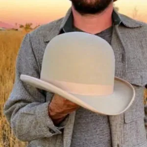 Classic beige pure wool bowler hat for men featuring a matching satin band and dome crown