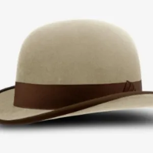 Classic beige wool bowler hat with a round dome and dark brown decorative ribbon