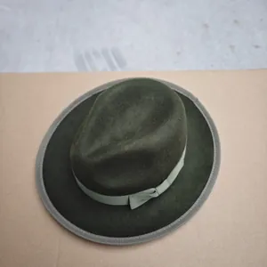 Classic dark green wool fedora hat for men featuring olive green grosgrain ribbon band