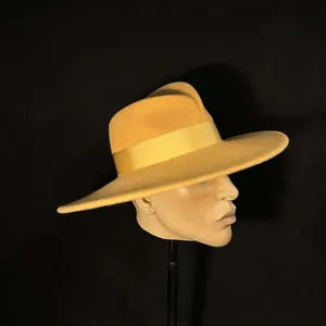 Classic bright yellow wool fedora hat with wide brim and matching satin ribbon band