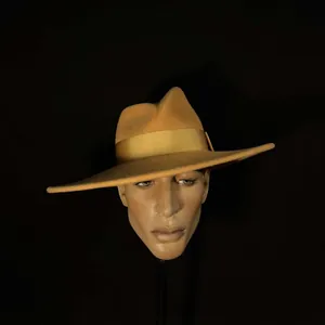 Elegant wide brim camel wool felt fedora hat for men with matching ribbon trim and silk finish