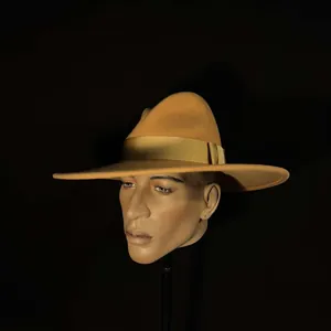 Classic camel wool felt wide brim fedora hat with matching silk ribbon for men