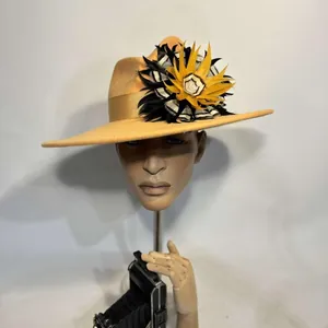 Ginger yellow wool felt fedora hat with tricolor feather flower and wide brim
