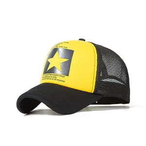 Detail of breathable mesh trucker hat with star print and lyrics on yellow front panel