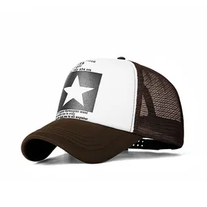 Detail of brown mesh trucker hat featuring star print and Norwegian Wood lyrics
