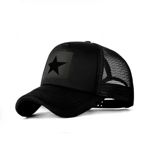 Black star trucker hat with breathable mesh and adjustable snapback in a 45-degree view