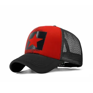 Red and black trucker hat with star print and breathable mesh back for outdoor wear