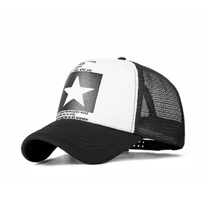 Classic black and white mesh trucker hat with star print for outdoor hip hop style