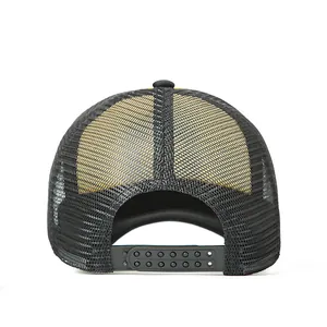 Detail of breathable black mesh trucker hat with adjustable snapback closure on white background