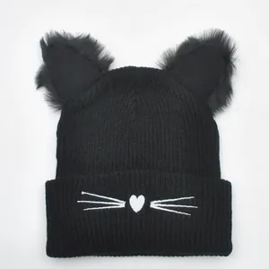 Women Cute Cat Ear Knit Hat Faux Fur Trim Winter Warm Beanie Acrylic Embroidery Heart Whisker Pattern Outdoor Fashion Cap