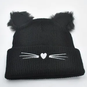 Cute black cat ear beanie hat with soft faux fur trim and white whiskers embroidery