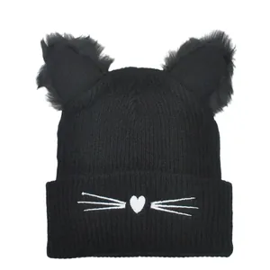 Cute black knitted beanie with cat ears and embroidered cat whiskers for women and teens