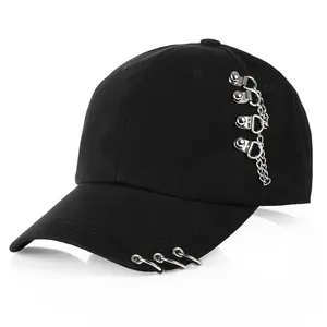Korean Style Punk Baseball Cap For Men Women Cotton Solid Color Sun Hat With Iron Rings Metal Chain Streetwear Adjustable Dad Hat