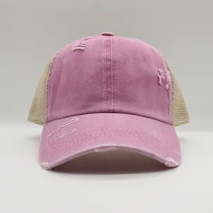 Vintage-Baseballcap für Pferdeschwanz in Lila mit Distressed-Effekt und Mesh