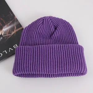 Purple ribbed knit beanie for winter with wide cuff displayed on a white background