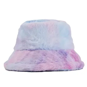 Chapeau bob en peluche tie-dye pour femmes en fausse fourrure douce pastel coloré